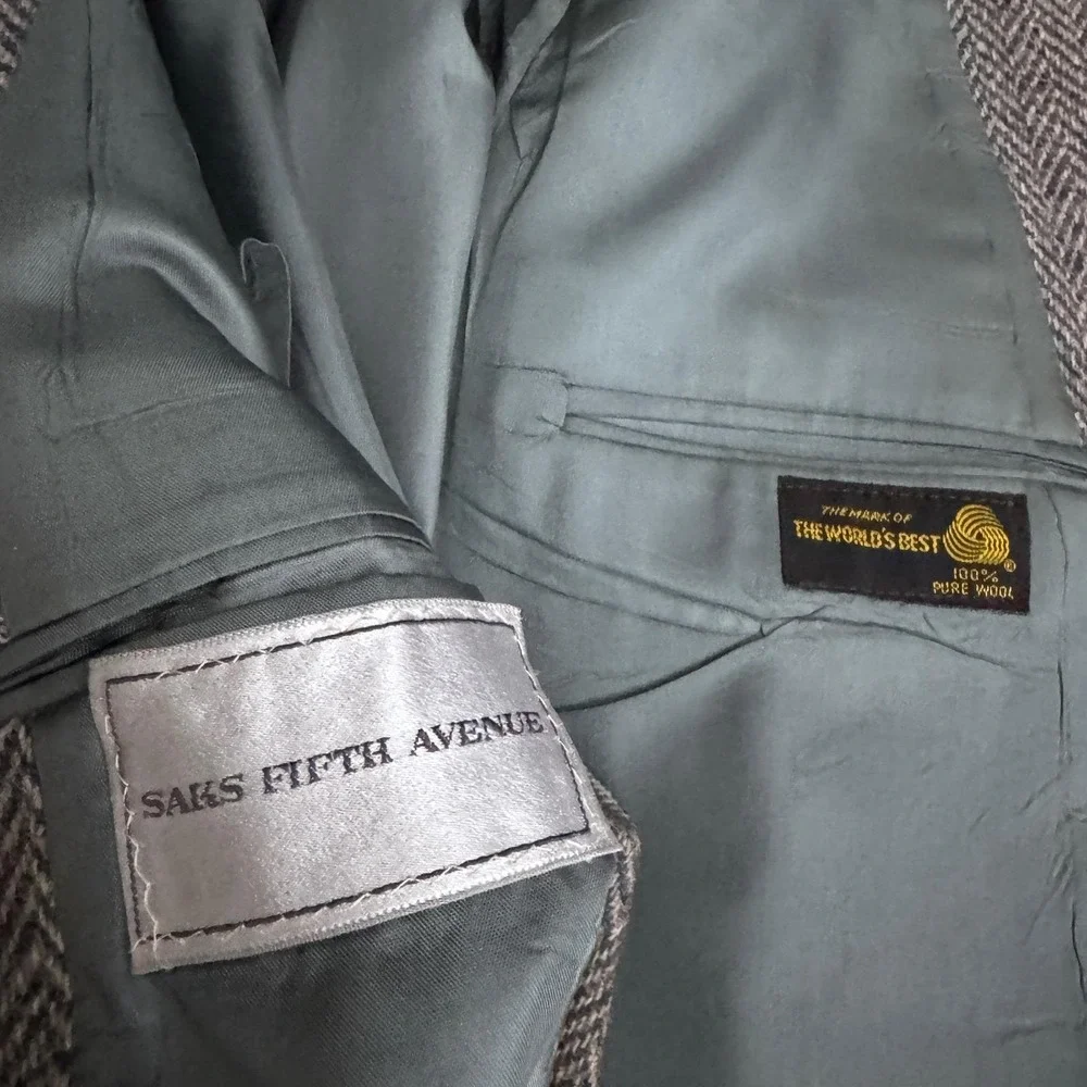 1980s‎ Saks Fifth Avenue Blazer Mens 40R Grey Herringbone Wool Tweed Vintage